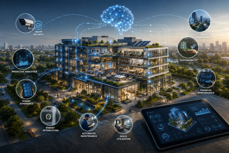 Full view of a modern multiple-story building connected by glowing lines to a digital brain and circular icons for smart security, predictive analytics, tenant experience, energy optimization, automated maintenance, space utilization, sustainability, asset management and financial performance, with a tablet showing a 3D building dashboard