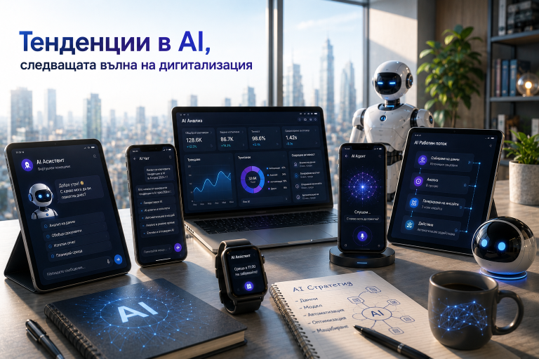 „Тенденции в AI, следващата вълна на дигитализация" надпис над бюро, отрупано с устройства - таблет с AI Асистент, лаптоп с AI Анализ, телефон с AI Чат, смарт часовник с напомняне, телефон с гласов AI Агент и таблет с AI Работен поток.