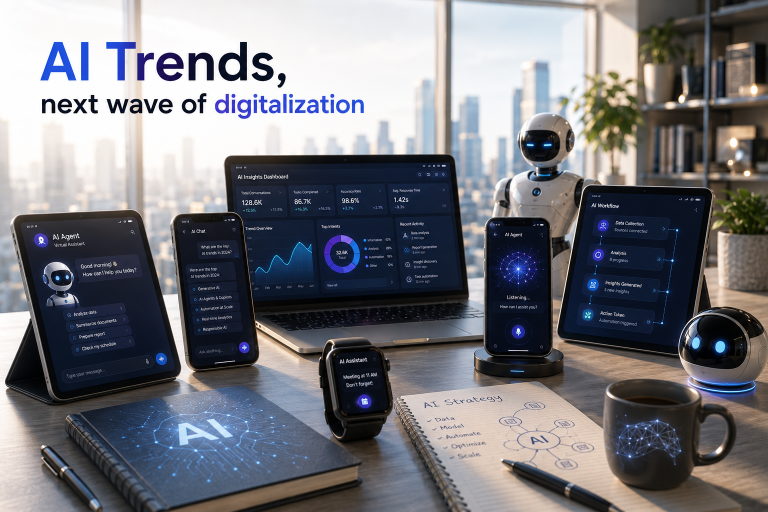 Title graphic "AI Trends, next wave of digitalization" above a desk filled with AI-powered devices, including tablets and phones showing AI agent chats, a laptop with an AI insights dashboard, a smartwatch, an AI workflow tablet, two small robots and an "AI Strategy" notebook