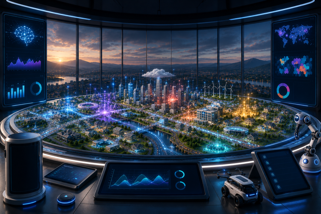 Futuristic control room overlooking a smart city at dusk, with a glowing 3D city model on a circular table connected by light trails, flanked by wall screens showing a digital brain, world map and analytics, plus tablets, a drone and small robots