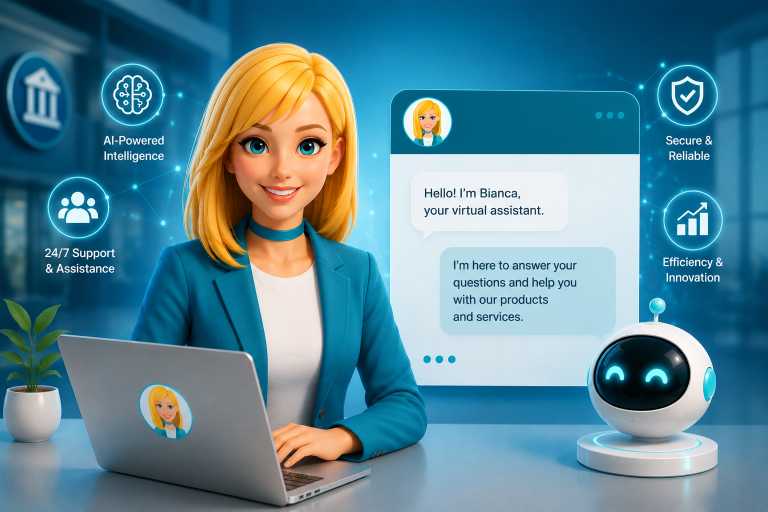 Friendly blonde cartoon woman in a blue blazer working on a laptop beside a chat window where the BIANCA virtual assistant introduces itself, surrounded by feature icons for AI-powered intelligence, 24/7 support, secure and reliable service and efficiency.