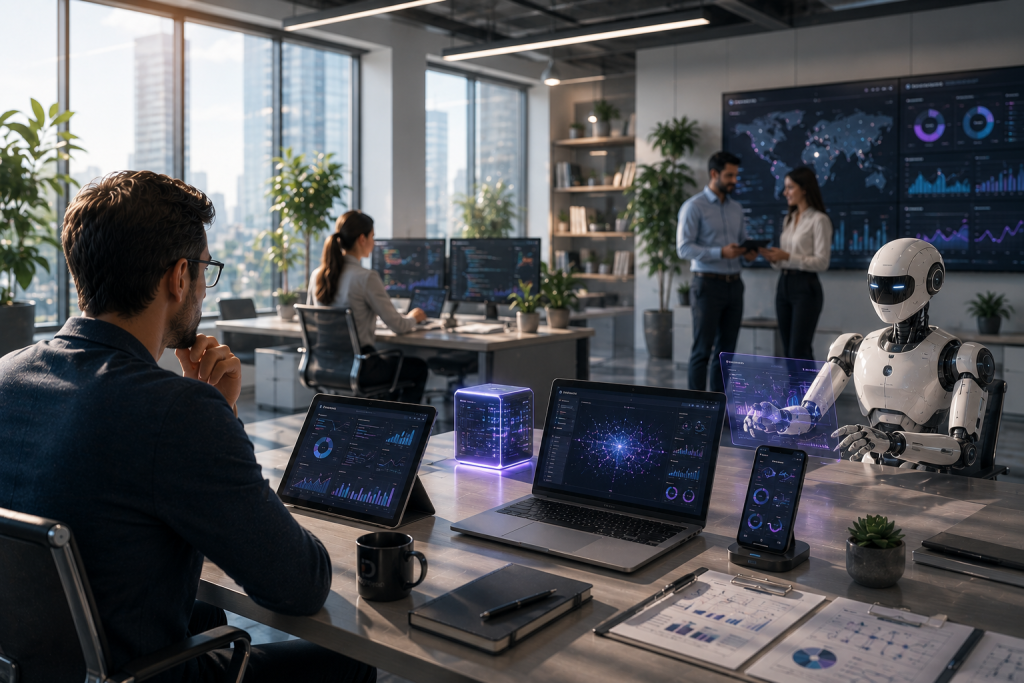 Man sitting at a desk in a modern office with a robot coworker sitting on the other side of him. In front of them multiple screens - smartphone, tablet and a laptop visualize AI analitycal business insights.
