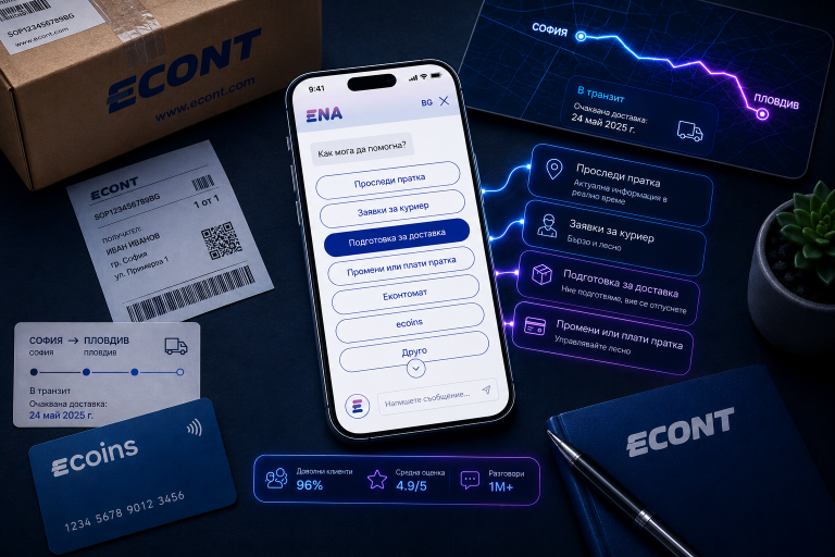 Върху бюро с пратка на Econt и разпечатана товарителница е разположен смартфон с чатбот интерфейса на Ena, предлагащ опции като проследяване на пратка, заявки за куриер, подготовка за доставка и ecoins.