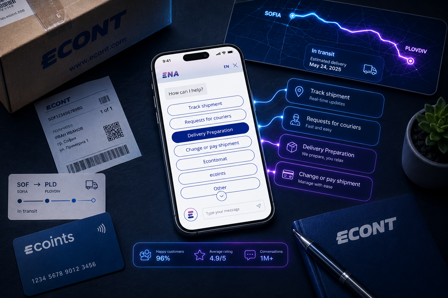 Smartphone showing Econt's Ena AI assistant chat menu with options like Track shipment, Requests for couriers and Delivery preparation, surrounded by an Econt parcel, a shipping label, an ecoints card and a Sofia-to-Plovdiv delivery route map, with stats of 96% happy customers, 4.9/5 rating and 1M+ conversations