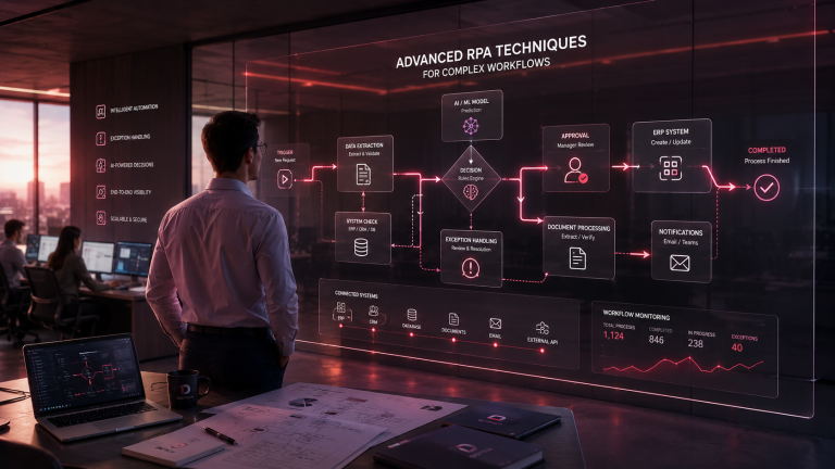 Man in an office looking at a large screen showing an "Advanced RPA Techniques for Complex Workflows" diagram, with a flow from trigger through data extraction, a decision rules engine, AI/ML model, approval, ERP system and notifications to completion, plus a workflow monitoring panel showing 1,124 total processes