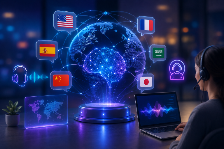 Person wearing a headset working at a laptop beside a glowing holographic globe and digital brain, surrounded by speech bubbles showing the flags of the United States, France, Spain, China, Japan and Saudi Arabia, with headphone and support-agent icons