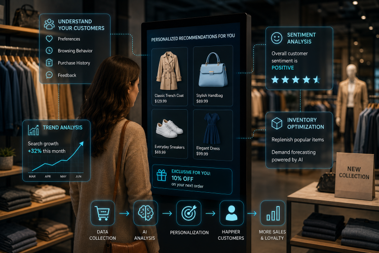 Woman in a clothing store looking at a large interactive screen showing personalized product recommendations, customer sentiment analysis, trend analysis and inventory optimization, with a bottom flow from data collection through AI analysis and personalization to happier customers and more sales