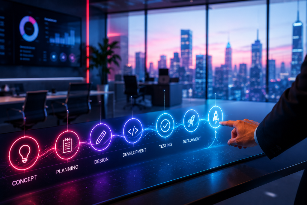 Hand touching a glowing horizontal timeline of the product development lifecycle with connected icons for Concept, Planning, Design, Development, Testing and Deployment, in a modern office with a city skyline at dusk through the window