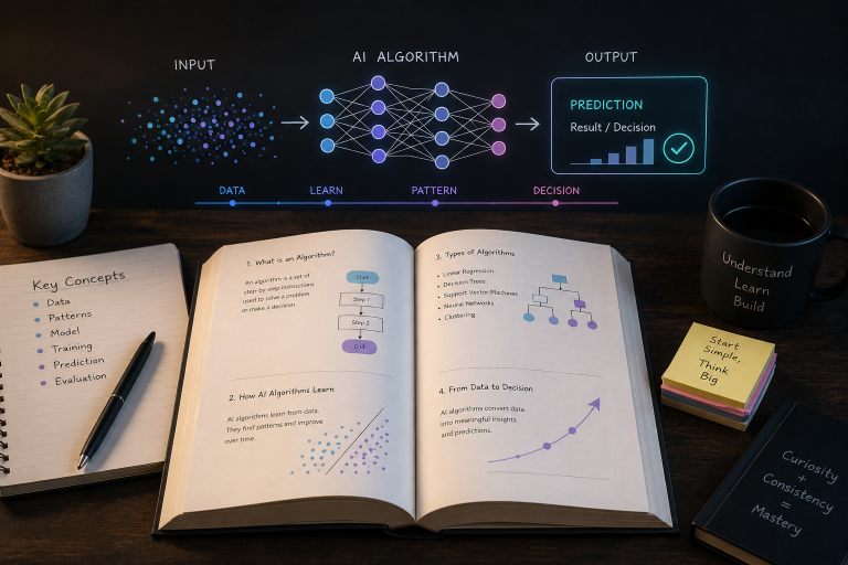 Open notebook on a desk explaining AI algorithms, with handwritten "Key Concepts" notes and a glowing diagram above showing the flow from Input through an AI Algorithm neural network to an Output prediction, labelled Data, Learn, Pattern and Decision