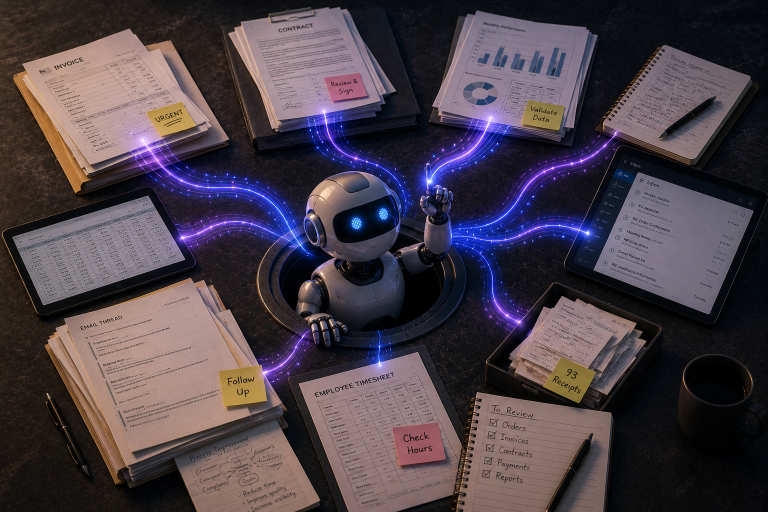 Small white robot emerging from a hole in a desk, connected by glowing blue light trails to surrounding paperwork including invoices, a contract, performance charts, an email thread, an employee timesheet, a tablet inbox and a tray of receipts, with sticky notes reading Urgent, Review & Sign, Validate Data, Follow Up and Check Hours