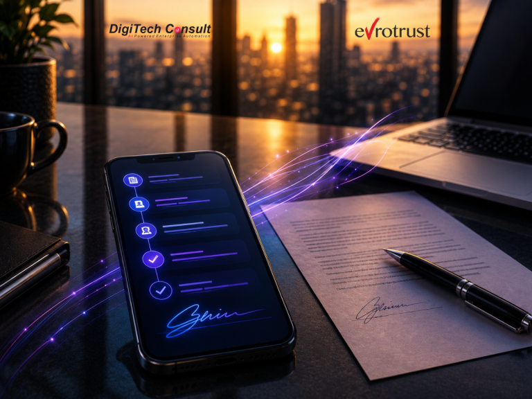 Smartphone on a desk showing a step-by-step contract signing flow with a digital signature, beside a printed contract with a signature and pen, with DigiTech Consult and Evrotrust logos and a city skyline through the window