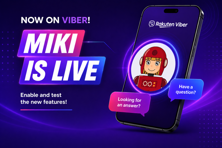 Promotional graphic reading "Now on Viber! MIKI is live" beside a smartphone showing the Rakuten Viber app with the red-helmeted MIKI cartoon assistant on screen and chat bubbles saying "Looking for an answer?" and "Have a question?"