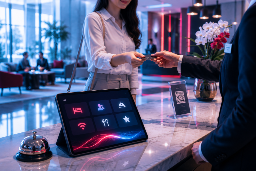Hotel guest handing a card to a receptionist across a marble front desk, beside a tablet showing a smart hospitality menu with icons for room, concierge, service bell, Wi-Fi, dining and ratings, a QR code stand and a service bell in an upscale lobby