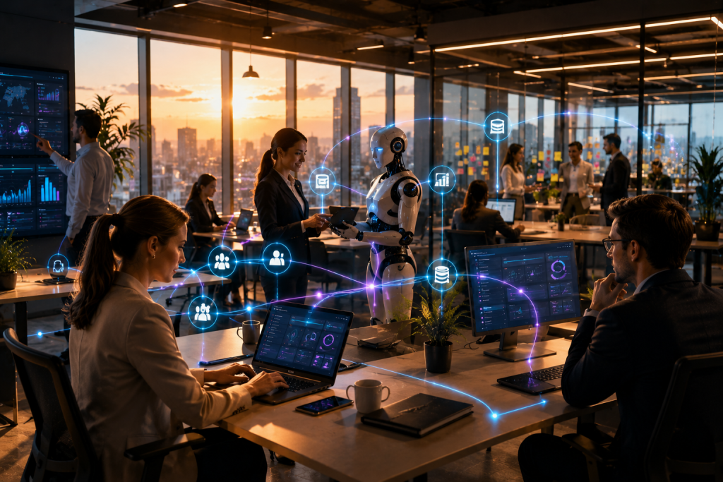 Modern open-plan office at sunset where employees work at laptops and screens while a white humanoid robot stands among them, all connected by a glowing network of data lines and icons for people, databases and analytics