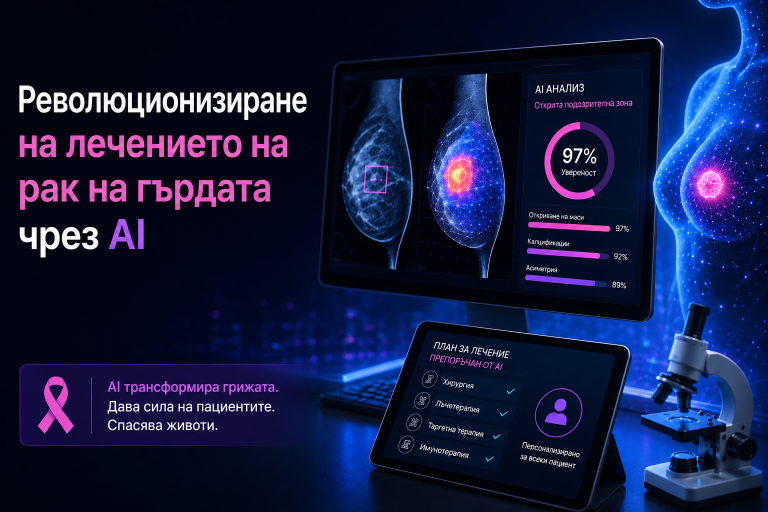 Банер „Революционизиране на лечението на рак на гърдата чрез AI". На монитор са изобразени мамографски снимки и AI анализ с 97% увереност. Под него таблет показва персонализиран план за лечение, препоръчан от AI.