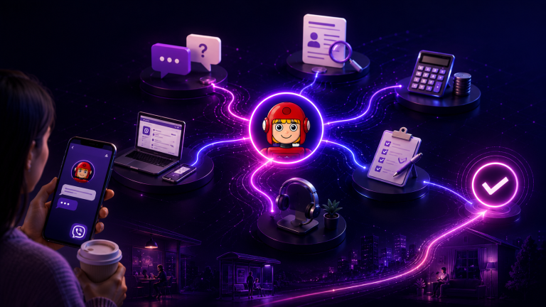 Person holding a coffee and a smartphone showing a chat with a red-helmeted cartoon assistant character, who sits at the centre of a glowing network linking icons for chat, a document with a magnifying glass, a calculator, a laptop, a checklist, headphones and a checkmark