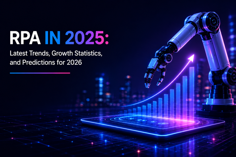 Title graphic reading "RPA in 2025: Latest Trends, Growth Statistics, and Predictions for 2026" beside a robotic arm reaching over a glowing rising bar chart and upward arrow on a digital tablet