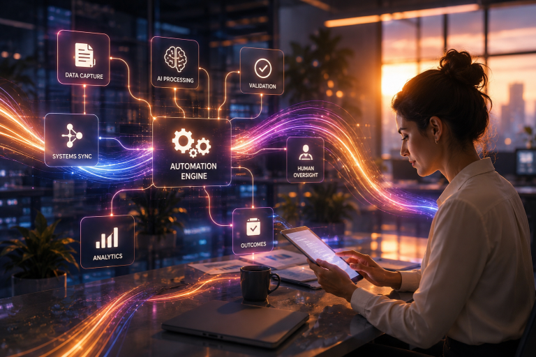 Woman in an office using a tablet beside a glowing holographic diagram of an automation engine connected to nodes labelled Data Capture, AI Processing, Validation, Systems Sync, Human Oversight, Analytics and Outcomes, with a city skyline at sunset