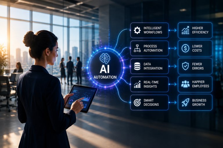 Businesswoman in an office holding a tablet and looking at a glowing "AI Automation" diagram that links capabilities such as intelligent workflows, process automation, data integration, real-time insights and smart decisions to outcomes like higher efficiency, lower costs, fewer errors, happier employees and business growth