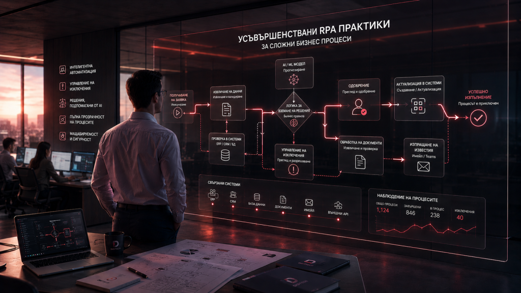Мъж, изправен до бщрото си, наблюдава голям дигитален екран в офис . На екрана - схема на цялостен RPA процес, озаглавена „Усъвършенствани RPA практики за сложни бизнес процеси".