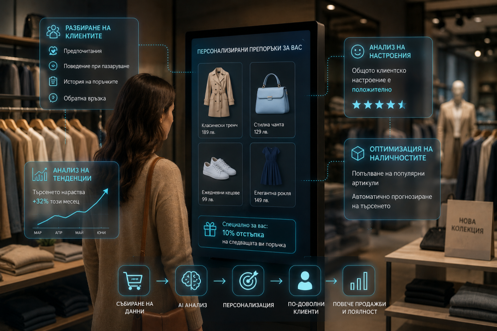 Жена в магазин за дрехи стои пред голям екран с персонализирани продуктови препоръки плюс 10% персонална отстъпка. Около екрана са панели за разбиране на клиентите, анализ на тенденции с графика, анализ на настроения с оценка от звезди и оптимизация на наличностите.