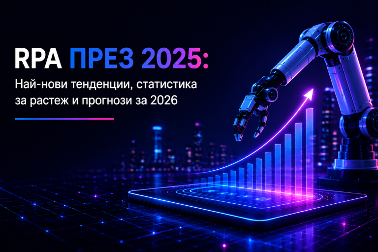 Банер с надпис „RPA през 2025: Най-нови тенденции, статистика за растеж и прогнози за 2026". Вдясно роботизирана ръка, а под нея стълбовидна диаграма със светеща възходяща стрелка, проектирана върху таблет.