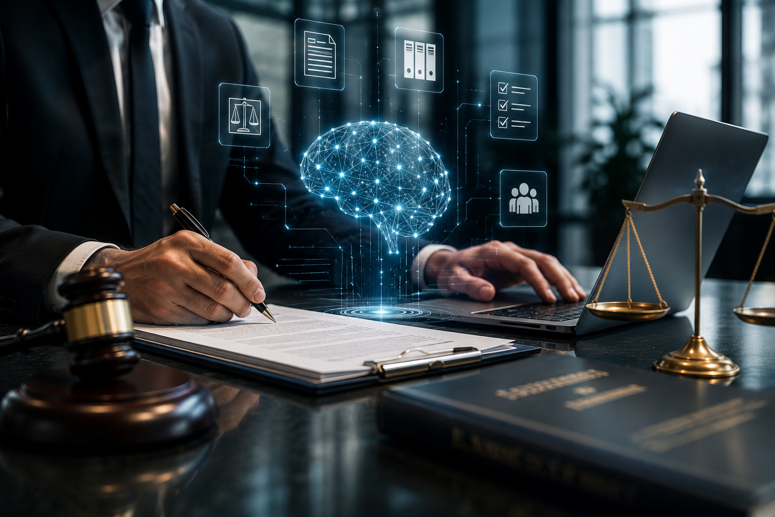 Lawyer in a suit signing a document with one hand and using a laptop with the other, with a glowing digital brain and icons for legal scales, documents and checklists above the desk, beside a gavel and balance scale