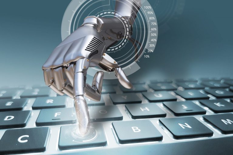 A silver robotic hand pressing a key on a laptop keyboard, with a glowing circular gauge marked from 10% to 100% behind it