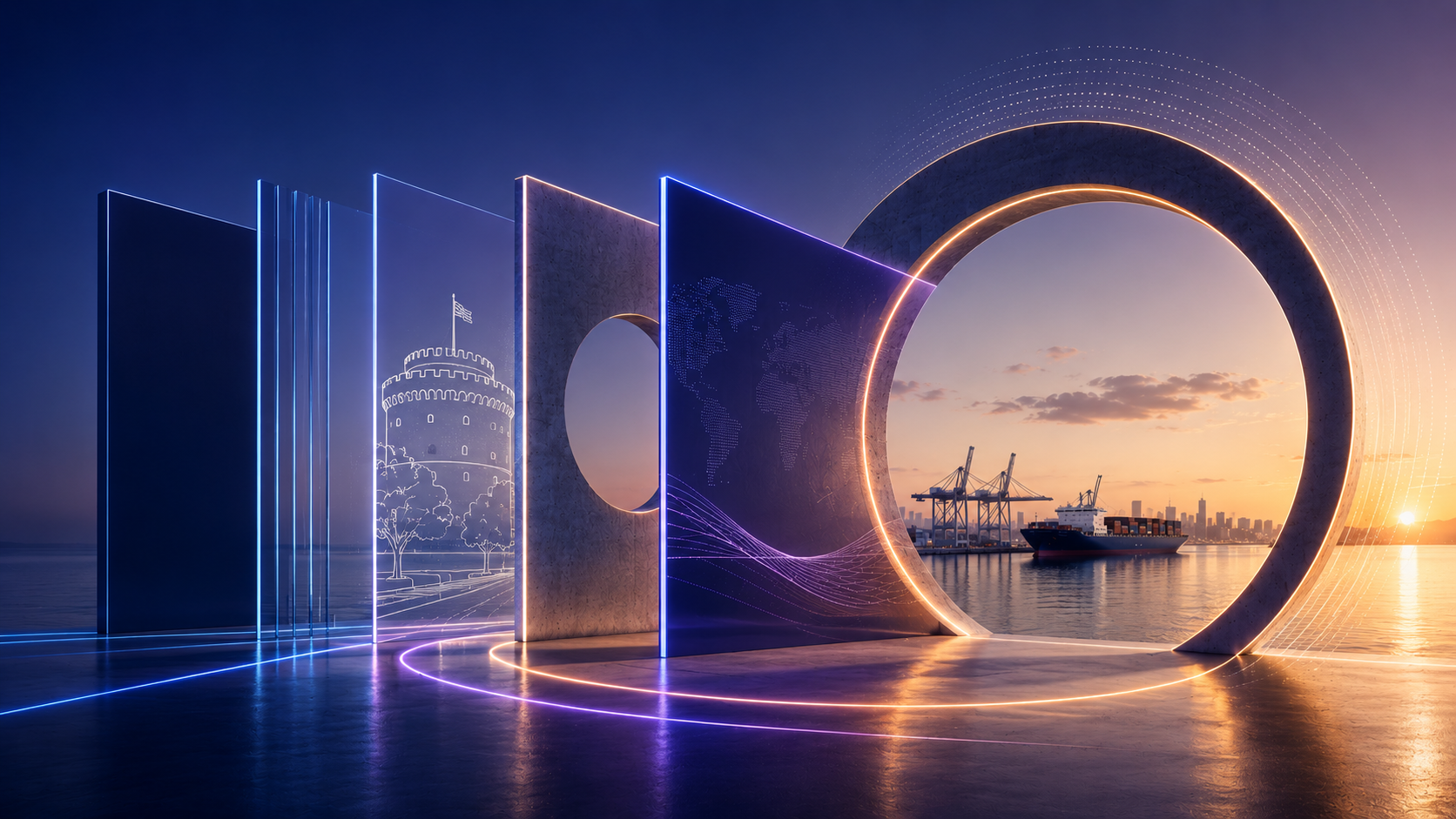 Futuristic scene with glowing panels showing the White Tower of Thessaloniki and a world map, and a circular concrete archway framing a container ship at a port during sunset