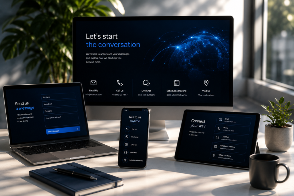 Business communication across desktop, laptop, tablet, and smartphone devices representing multiple ways to contact DigiTech Consult