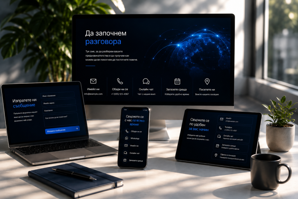 Различни канали за контакт с DigiTech Consult чрез компютър, лаптоп, таблет и смартфон