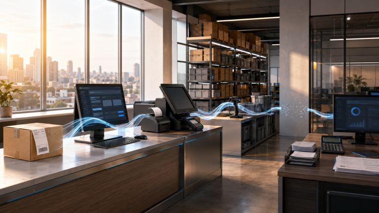 A modern warehouse office with POS systems, a scanner, a labeled package, and a glowing blue line connecting the workstations.