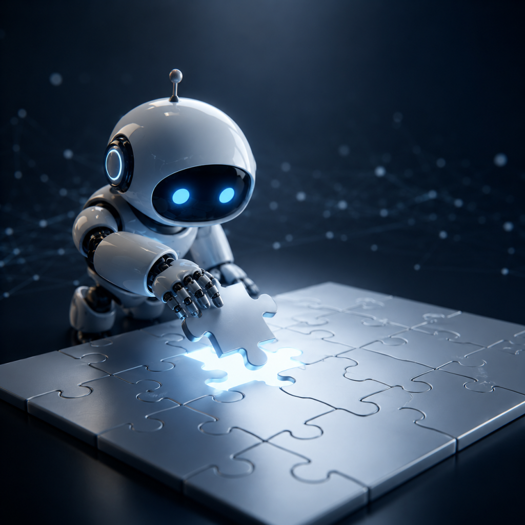 A small robot placing a puzzle piece into a glowing empty space on an almost completed puzzle structure.