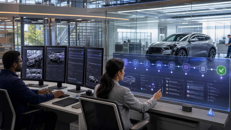 Claims specialists review vehicle damage on multiple monitors while a holographic workflow dashboard tracks an automotive insurance process from inspection to approval.