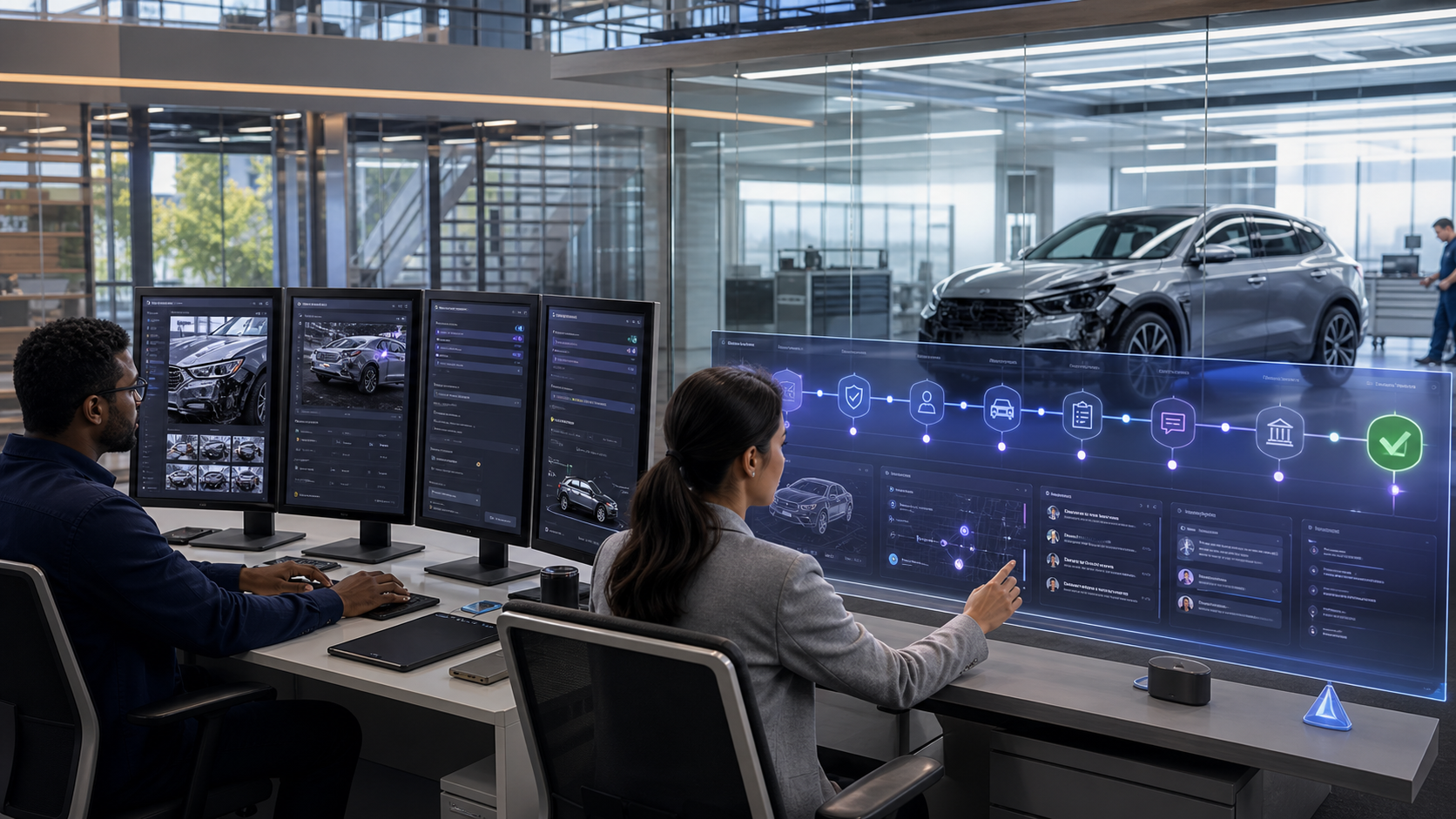 Claims specialists review vehicle damage on multiple monitors while a holographic workflow dashboard tracks an automotive insurance process from inspection to approval.