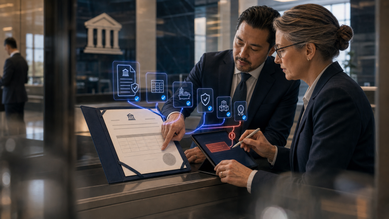 Banking professionals reviewing compliance documents and digital verification records on a tablet