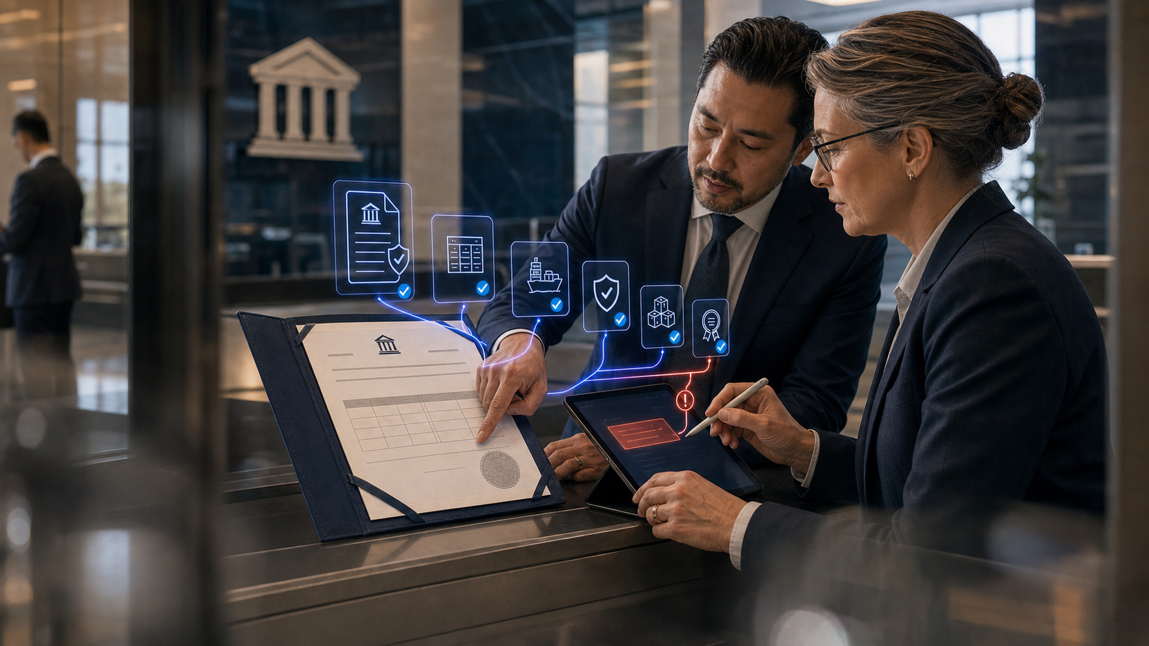Banking professionals reviewing compliance documents and digital verification records on a tablet