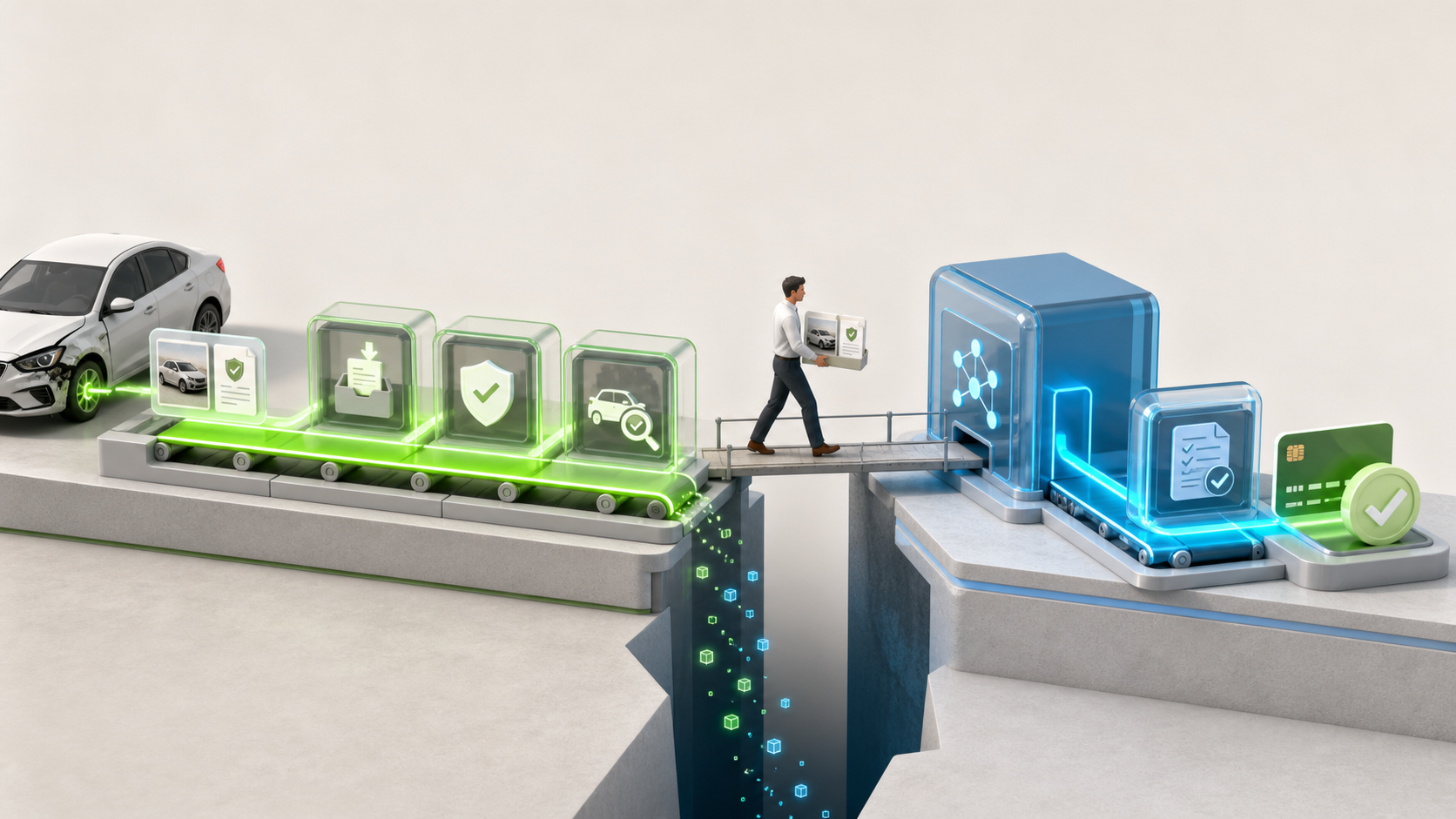 Car insurance documents and verification icons move along connected conveyor belts from a vehicle to a digital processing system, with a person carrying approved paperwork across a bridge.