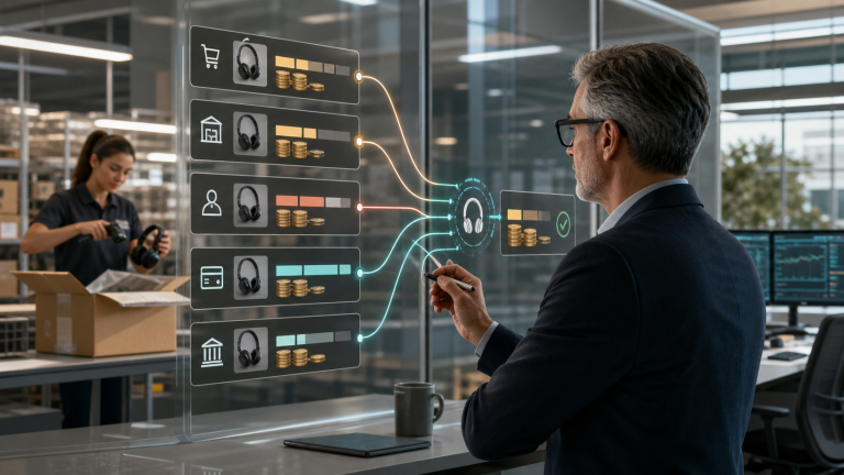 A manager reviews a digital returns reconciliation dashboard while a warehouse employee scans returned headphones in the background.
