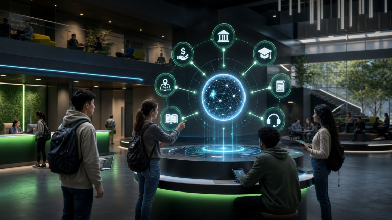 Students in a modern university lobby interact with a holographic AI interface showing icons for student services, including finance, location, documents, learning, support, and graduation.