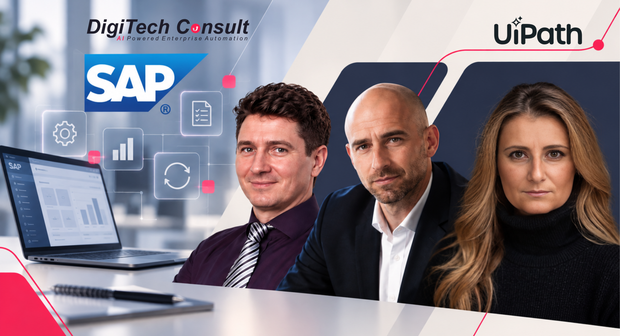 Three business professionals featured in a DigiTech Consult campaign visual with SAP and UiPath branding, automation icons, and an enterprise software dashboard.
