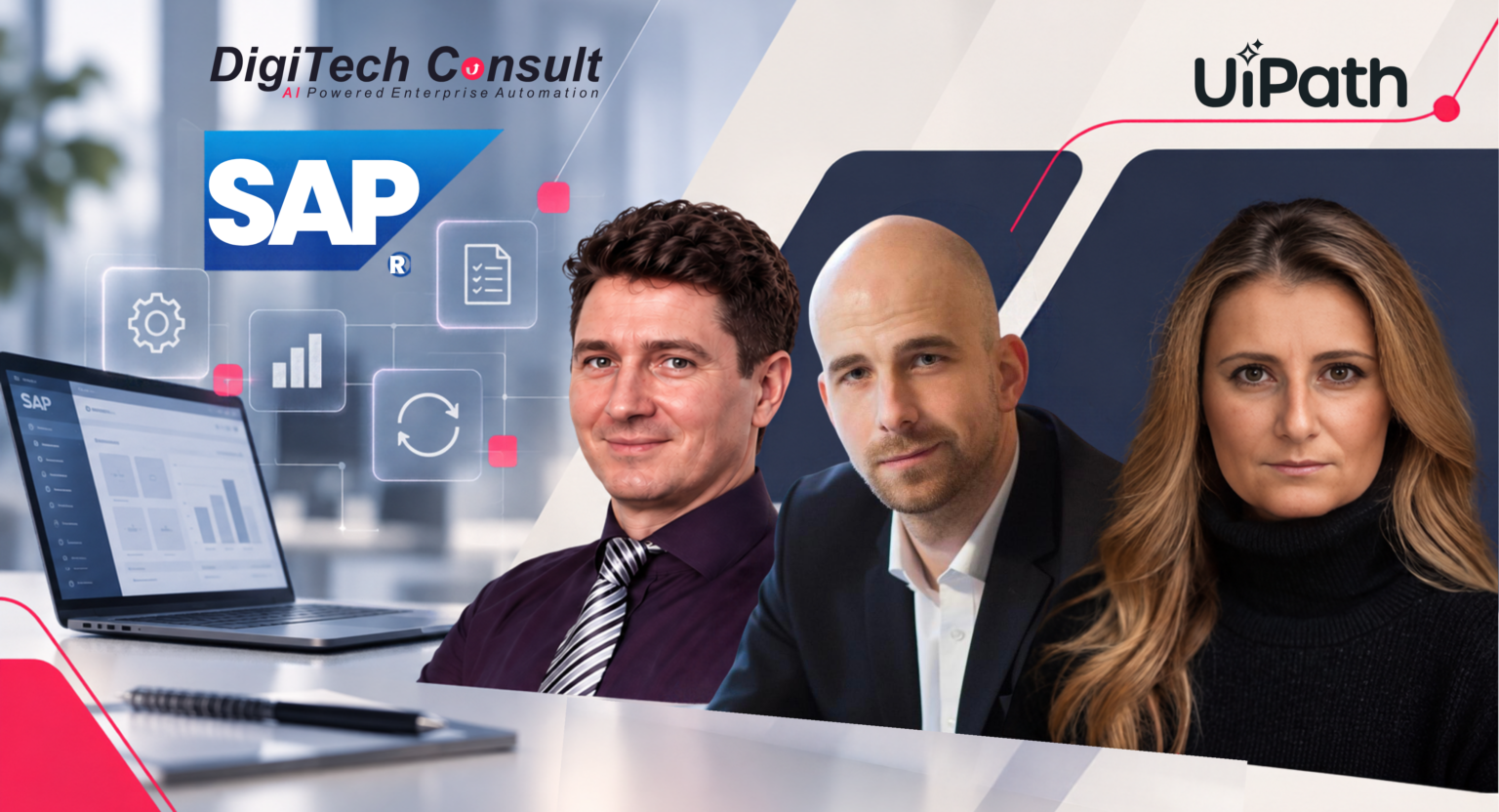 Three business professionals featured in a DigiTech Consult campaign visual with SAP and UiPath branding, automation icons, and an enterprise software dashboard.