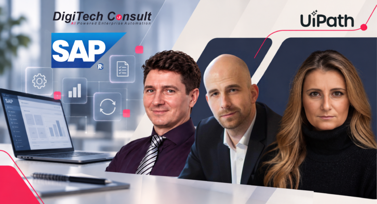 Three business professionals featured in a DigiTech Consult campaign visual with SAP and UiPath branding, automation icons, and an enterprise software dashboard.