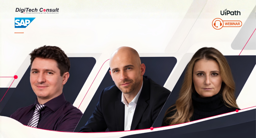 Three business professionals shown in a branded SAP test automation banner with dark geometric panels and red accent lines.