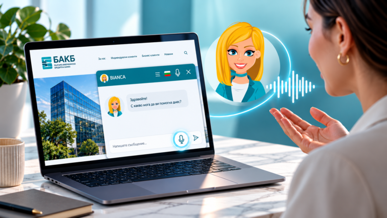 Customer uses the Bianca virtual banking assistant through the Bulgarian-American Credit Bank website on a laptop.