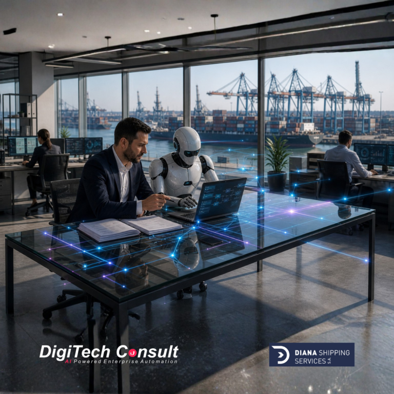Shipping professional and AI robot review digital workflows in a port operations office overlooking cargo ships and cranes.