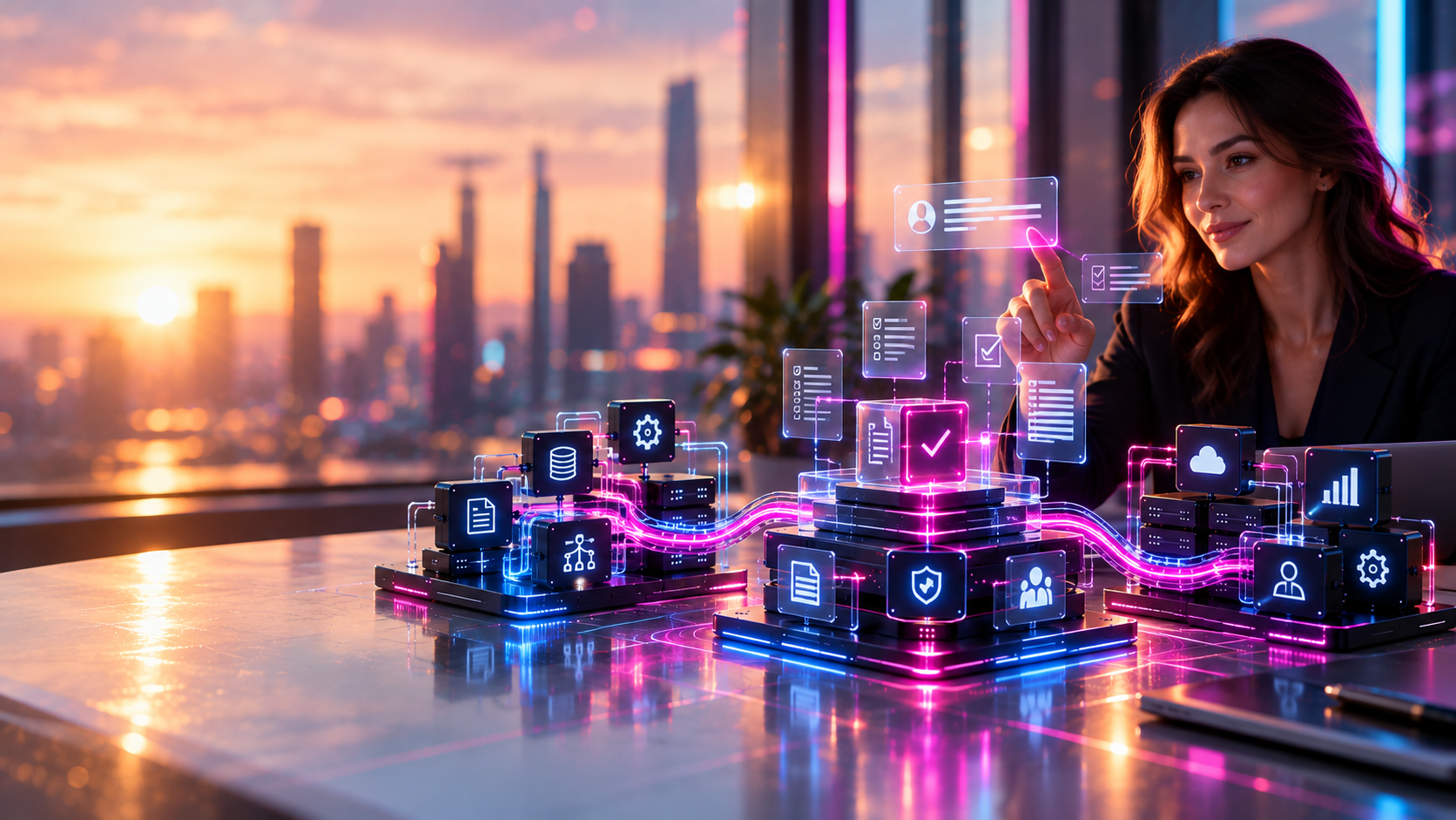 Business professional interacts with a connected digital workflow system displaying data, cloud, security, analytics, and approval icons.