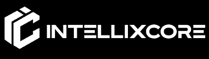 White IntelliXCore logo with a geometric brand symbol on a black background.